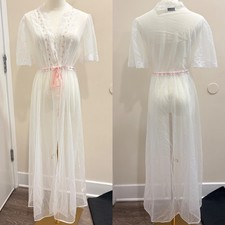 VTG 70s Gilead Sheer White Nylon Robe Lace Rosette Pink Ribbon Coquette Bridal S