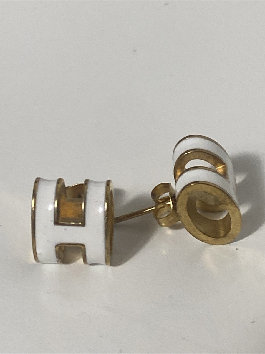 Fashion Mini Pop H earrings in white with yellow gold hardware View 2