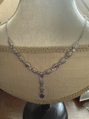 Avon Silver-Tone Oval Purple Stone Y-Drop Pendant Necklace/Earrings