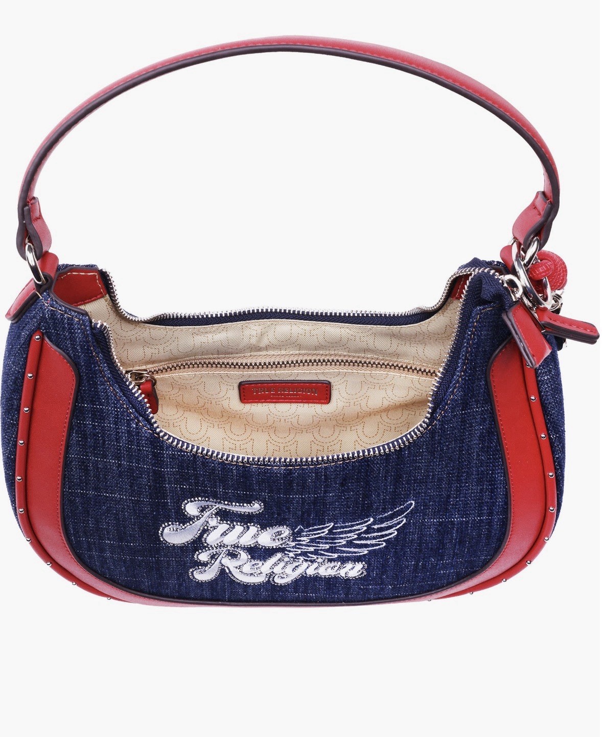 New Authentic Women’s True Religion Heart Charm Wing denim shoulder bag Red Navy