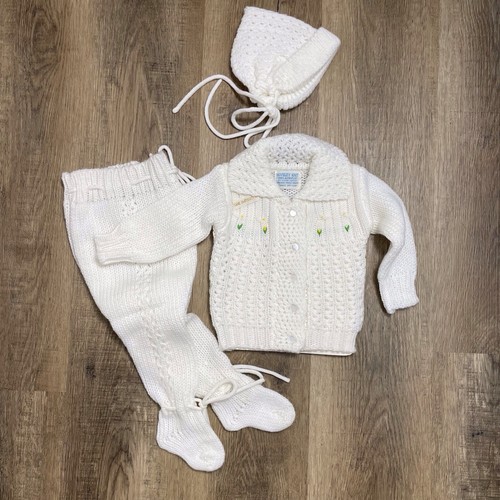 Vintage Novelty Baby Knit Cardigan Sweater Layette Set Infant 3 Mo Embroidered