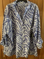 John Mark 3X Zebra Print Embroidered Top Shirt Wired Collar Blue