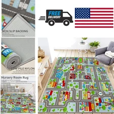 Washable Kids Playmat Rug 5x6 Feet Sky Blue City Map Carpet for Easy Cleaning