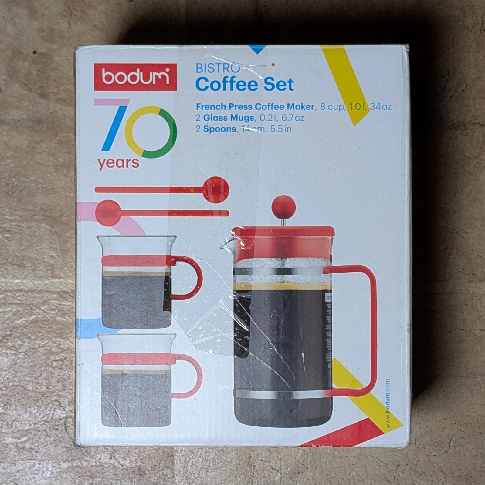 NEW Bodum 70 Years BISTRO French Press Coffee Set Mugs Spoons Red Rare