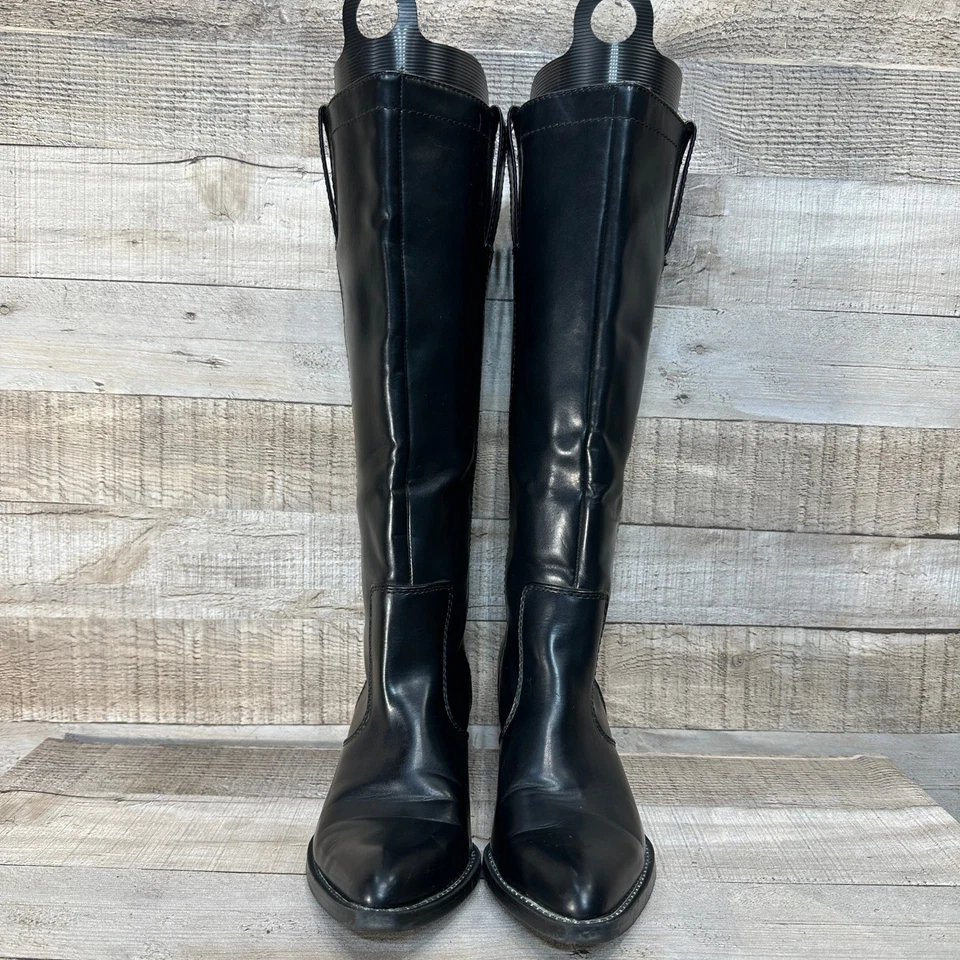 女式黑色人造皮革及膝西部牛仔靴粗跟尖头 — 第 2/4 张图片