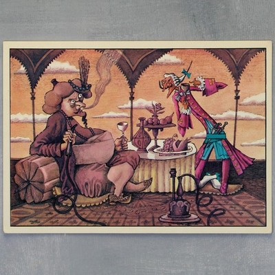 Sultan smokes hookah fruits wine Munchausen Russian postcard 1978 by LYUBAROV 