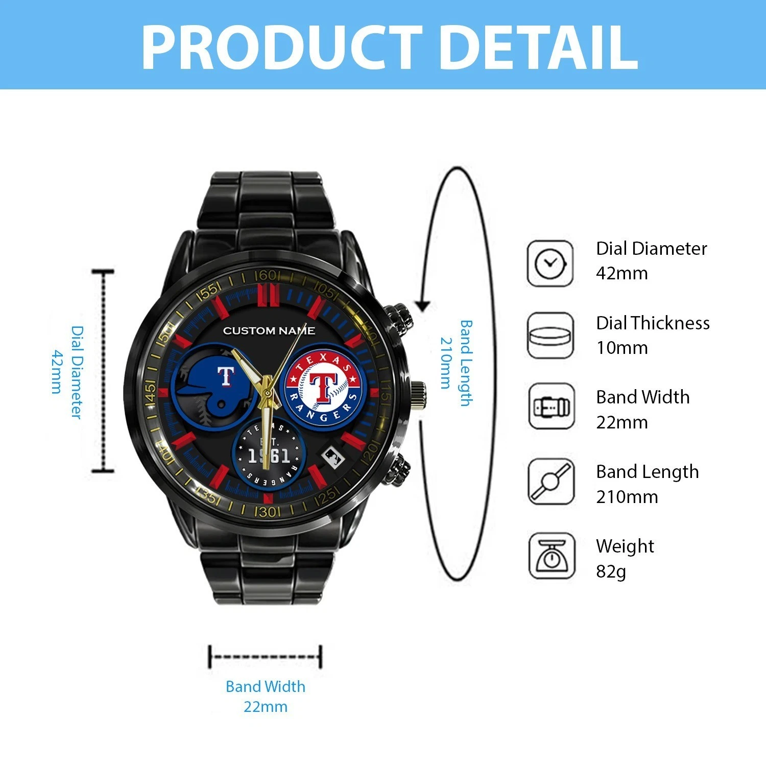 Personalized Texas Baseball Rangerss Team Men Black Stainless Steel Watch Gift