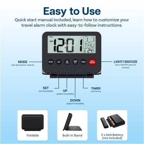 Small Digital Travel Alarm Clock Battery“ Portable Alarm Clock for Travel“ Black - Picture 5 of 6