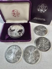 5 American Silver Eagles 1987 Proof w/Box 1990 2001 2014 2015 .999 Oz