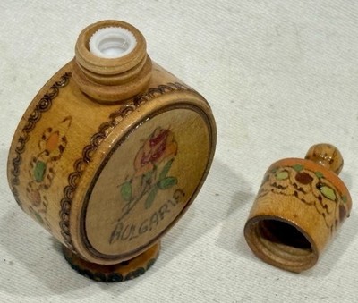 Vintage Bulgarian Rose Oil Perfume Wooden Bottle Holder Souvenir Full Glass Vial
