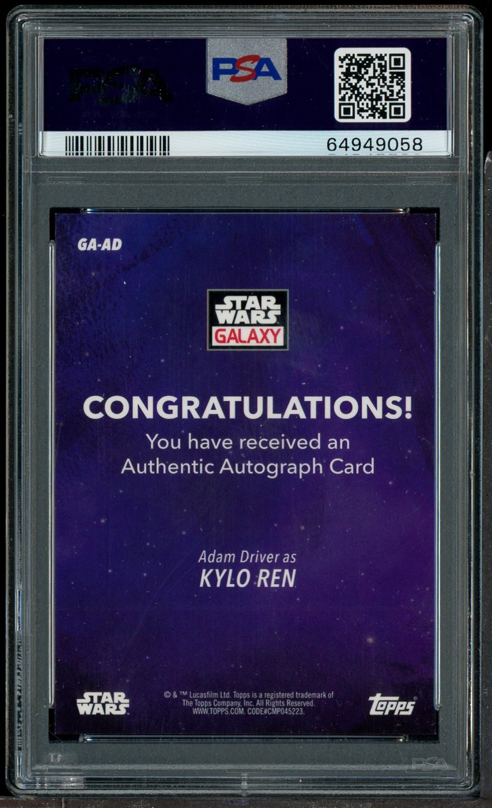 2021 Topps Star Wars Galaxy Superfractor Adam Driver AUTO 1/1 PSA 9 MINT view 2