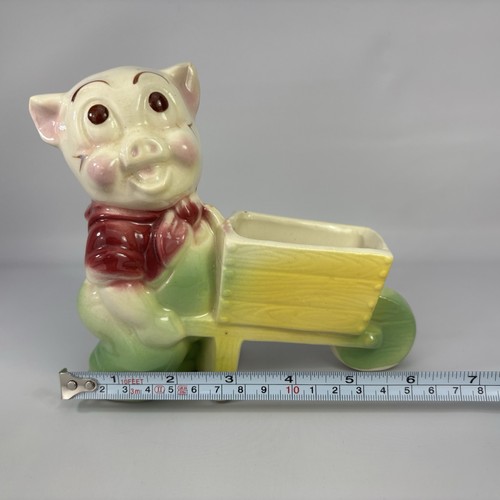 Vintage 1950's Anthropomorphic Ceramic Kitschy Pig Planter Pushing Wheelbarrow - Picture 12 of 12
