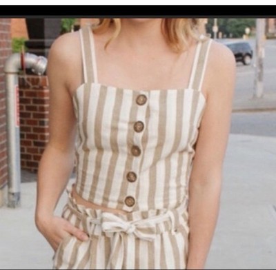 RD Style tan white stripe button cotton crop tank top