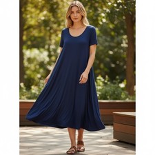 Matilda Jane Dress Womens M Navy Blue Rayon Swing Midi SS Boho Minimalist