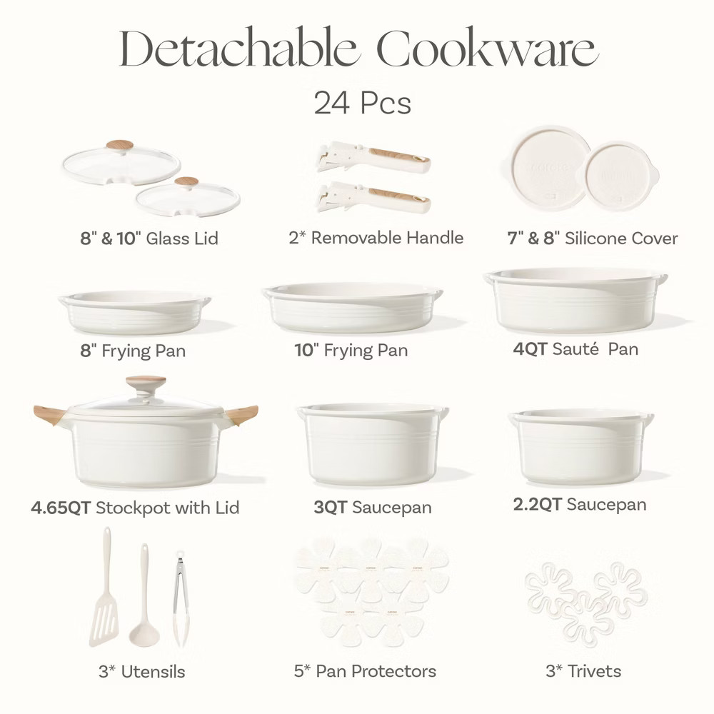 Carote 24pc Ceramic Nonstick Cookware Set with Detachable Handle Cream alternate view 4