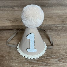 First Birthday Party Hat Cream  White With Elastic Chin Strap And Glitter NEW