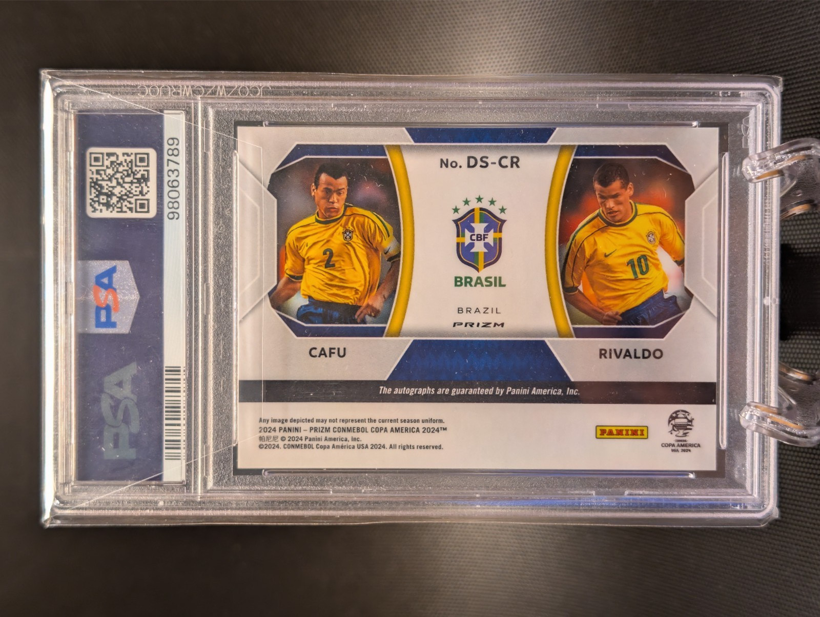 2024 Panini Prizm Copa America #DS-CR Cafu Rivaldo Dual Pulsar Auto PSA 10 view 2