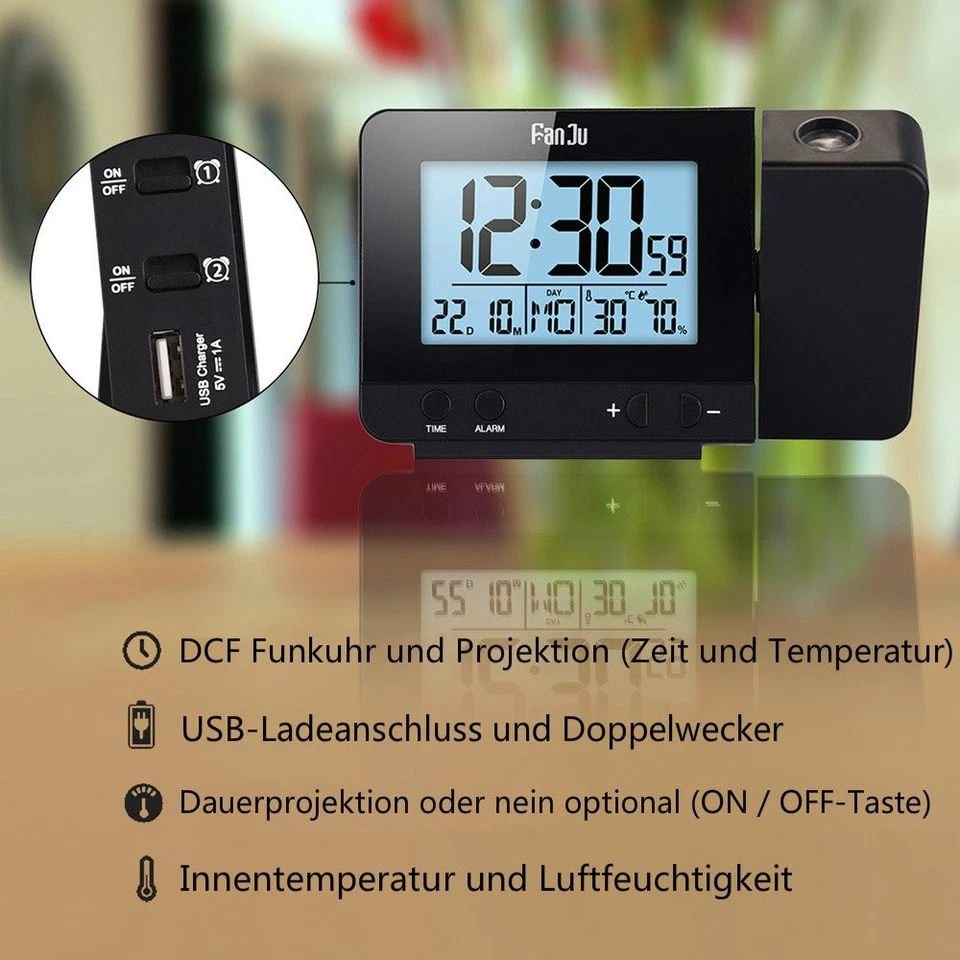 FanJu FJ3531B Digital Projektionswecker mit Temperatur und Zeit Projektion USB - Bild 2 von 4
