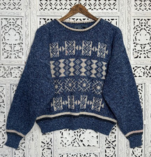 Vintage Liz Wear Wool Blend Blue Cream Aztec Geometric Chunky Grandpa Sweater