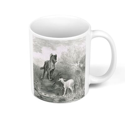 Tasse Keramik Becher Der Wolf und das Lamm Gravur Gustave Doré Jean de la Fontaine