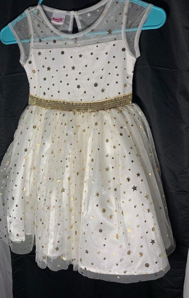 Nannette Off White Gold Stars Moon Space Dress Tooling Fancy Size 5 Little  Girl