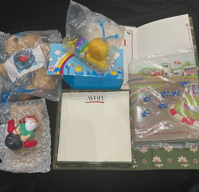 4 AVON NIB: Bowling Bear, Bowling Elf , Bumble Bee, Car Buttons, Note Pad, Ad Bk