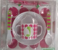 MUD PIE 5-PC BABY GIRL INITIAL PLATE BOWL SIPPY CUP FORK & SPOON SET,INITIAL J