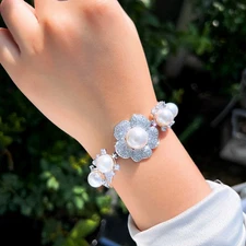 Silver Plated Cubic Zirconia Leaf Flower Pearl Bracelet Bangle for Women Party