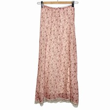 Pink Floral Lace Trim Midi Slip Skirt Womens XS Y2K Fairy Coquette Cottagecore