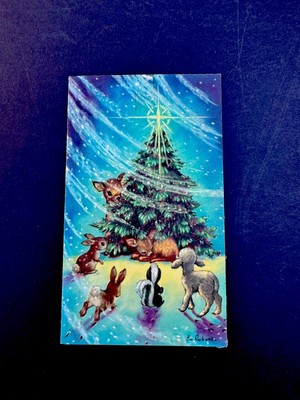 1 VTG Eve Rockwell Xmas Greeting Card Forest Friends Admiring Festive      