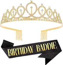 Birthday Baddie Sash and Crown Set for Women, Black Glitter Sash with Gold Foil