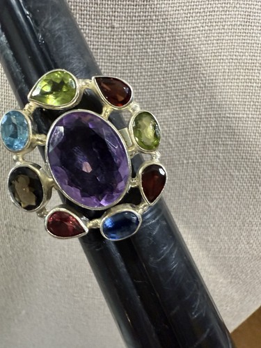 925, Sterling Silver Multiple Gemstone Round Statement Ring Size 8 1/2 - Picture 9 of 9