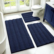 Striped Navy Blue Bathroom Rug Set 3 Pieces Ultra Soft, Non Slip Chenille Toilet