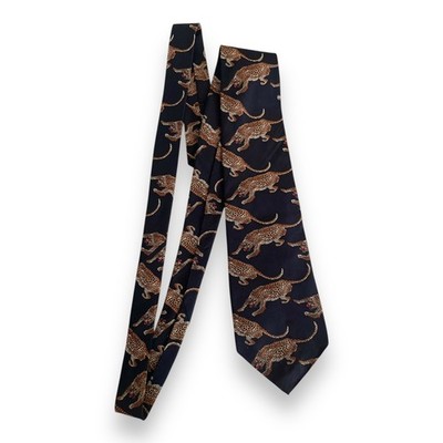 Vintage Polo Ralph Lauren Tie Navy Blue Leopard Animal Print Wide Hand Made USA