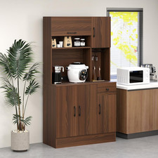 Pantry Cabinet Walnut Storage Shelves Drawer Doors Charging Station Home Bar