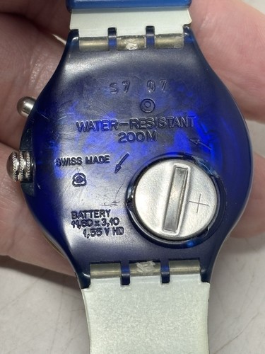 VTG 90s SWATCH Watch~SCUBA 200 Loomi~Blue~Fish Eye Yellow Surround Needs New Bat - Picture 5 of 10