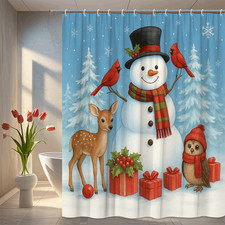 Cute Christmas Snowman Shower Curtain with Deer and Cardinal Design