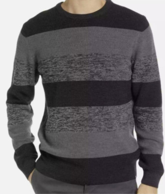BRAX Rick Feel Good Sportive Stripe Wool Blend Crewneck Sweater - Black Grey  XL