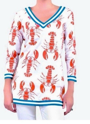 Gretchen Scott Designs Women XS V-Neck Tunic Shirt Red Lobster Fest Resortwear