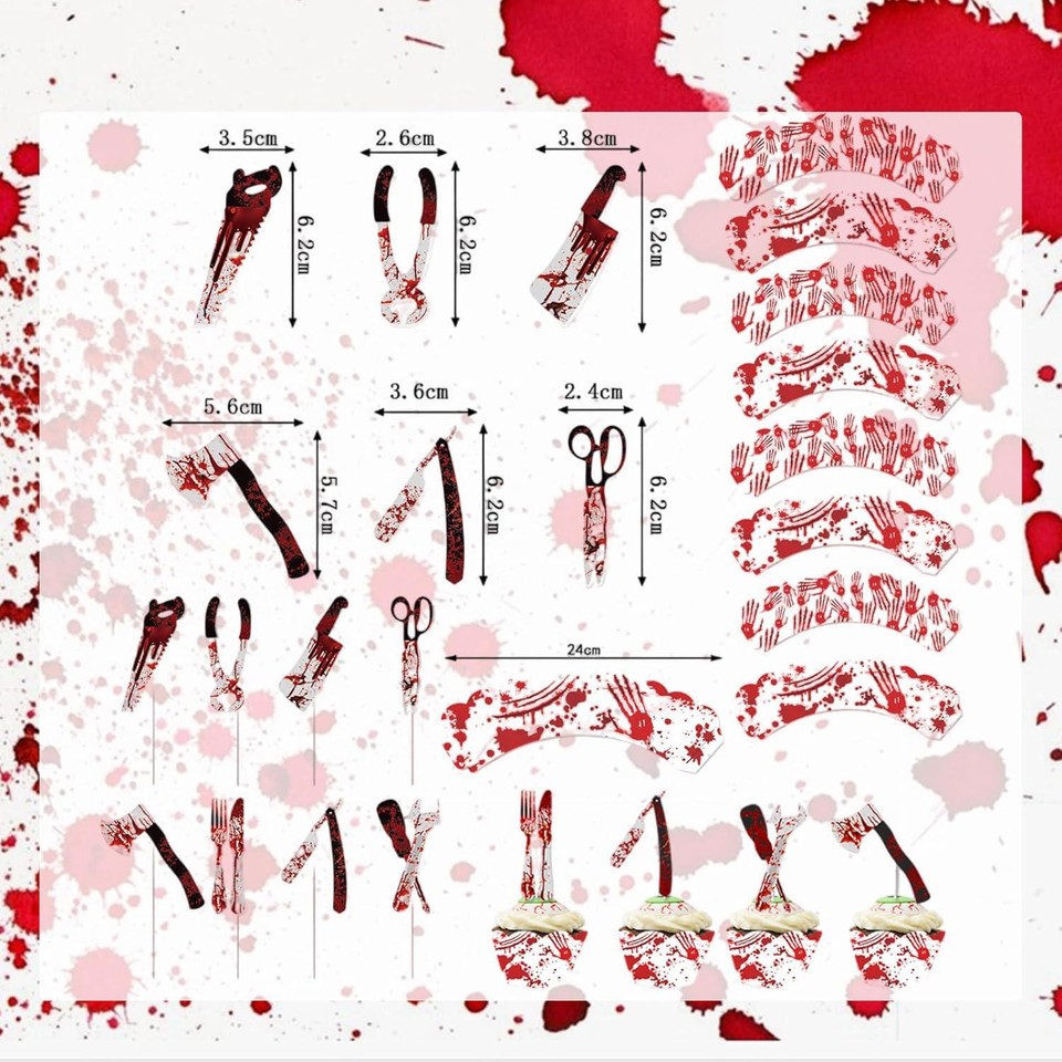 mdgfge Halloween Cupcake Toppers Wrappers Kit Bloody Zombie Hand Knife