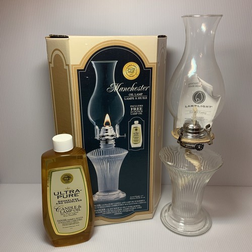 NOS Vtg Lamplight Farms Manchester Glass Chimney Oil Hurricane Lamp w/ Oil, NIB