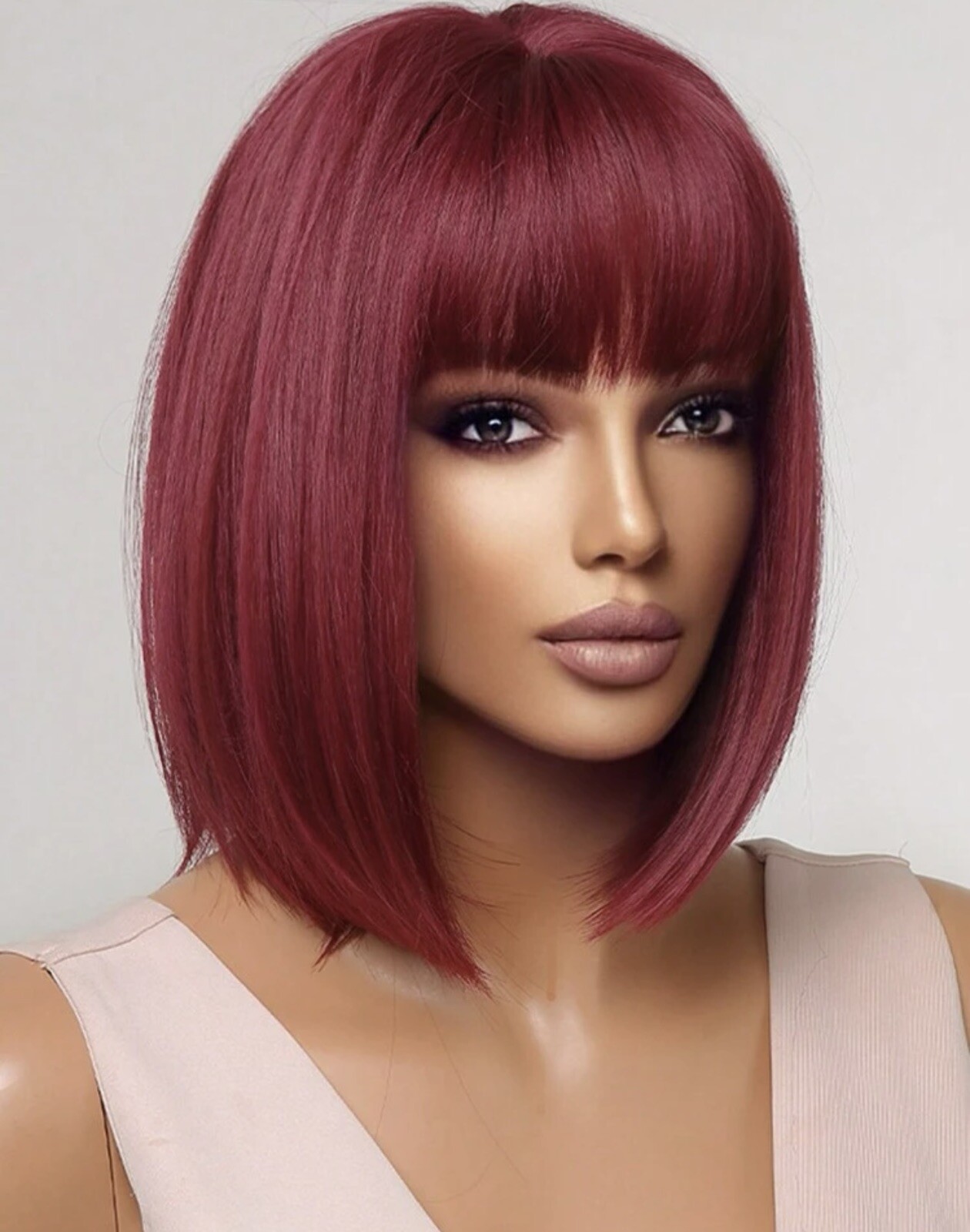 Perruque Synthétique Rouge à Frange Coupe Courte Carré Lisse Femme avec 4 Bonnets de Fixation