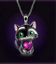 Cute Kitten Hug Heart Pendant Necklace For Girls, Charming Black Cat Cartoon