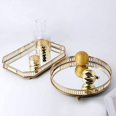 Gold Retangular Glass Mirror Serving Vanity Tray