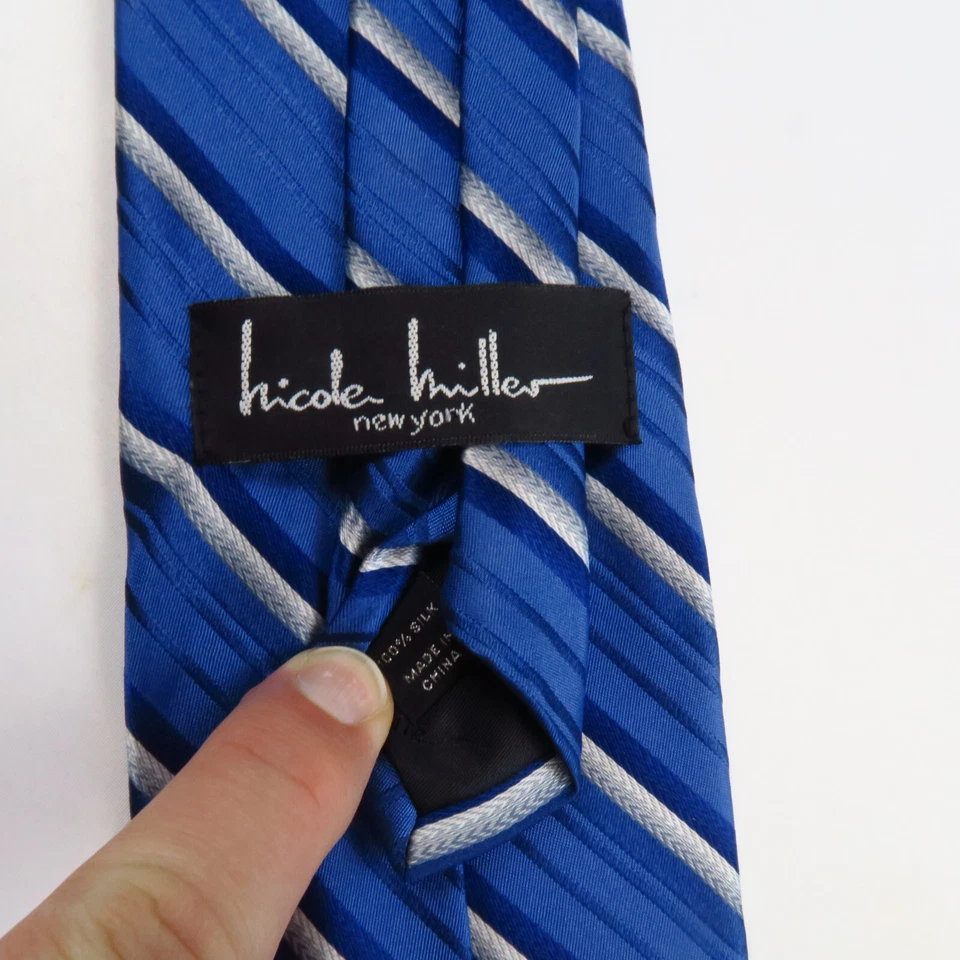 Corbata Nicole Miller New York Azul Gris Rayas Diagonales Para Hombre 60x3.5 Larga Moderna Foto 3 de 4