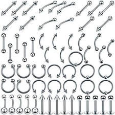 60Pcs Steel Mixed Nose Lip Eyebrow Tongue Belly Bar Ring Body Piercing Jewelry