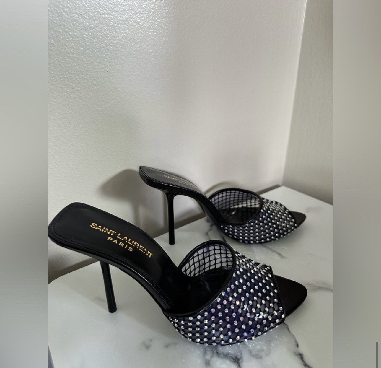 SAINT LAURENT Discoteca rete cristallina muli in PVC e pelle