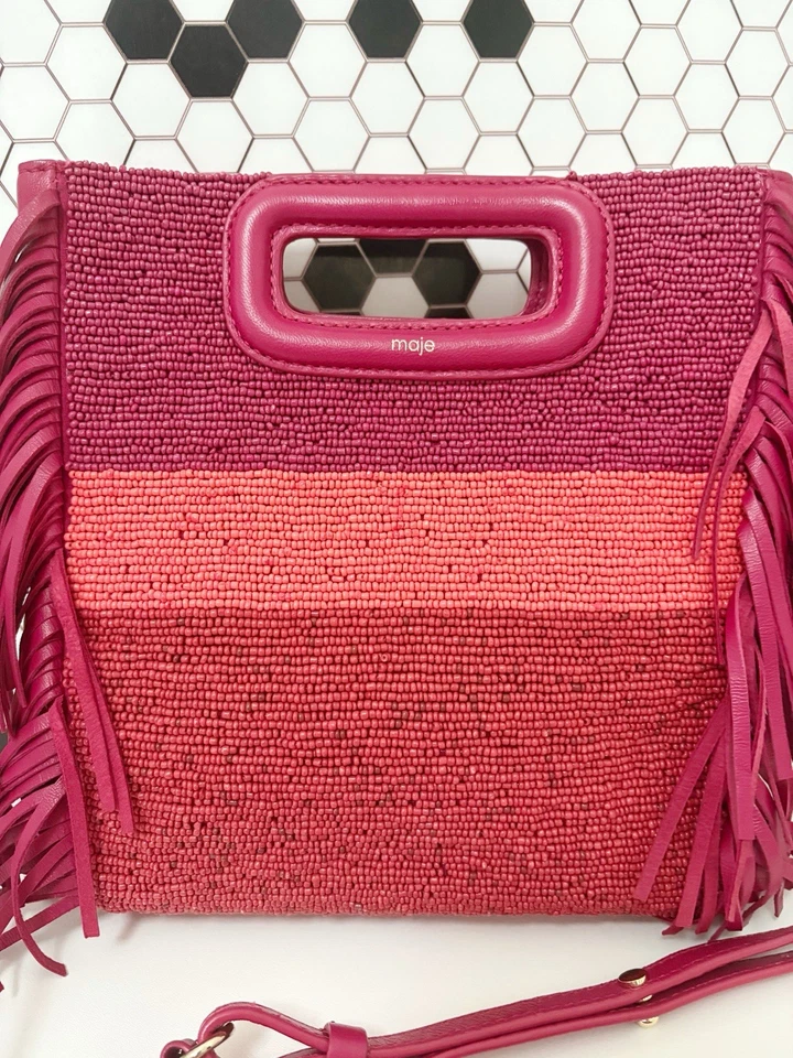 Maje M Bag Pink Leather Beaded Fringe Crossbody Shoulder Handheld Designer Rare - Image 4 of 4