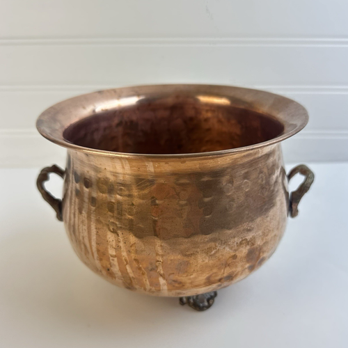 Vintage Hammered Copper Pot Cauldron Planter Brass Handles Footed Patina