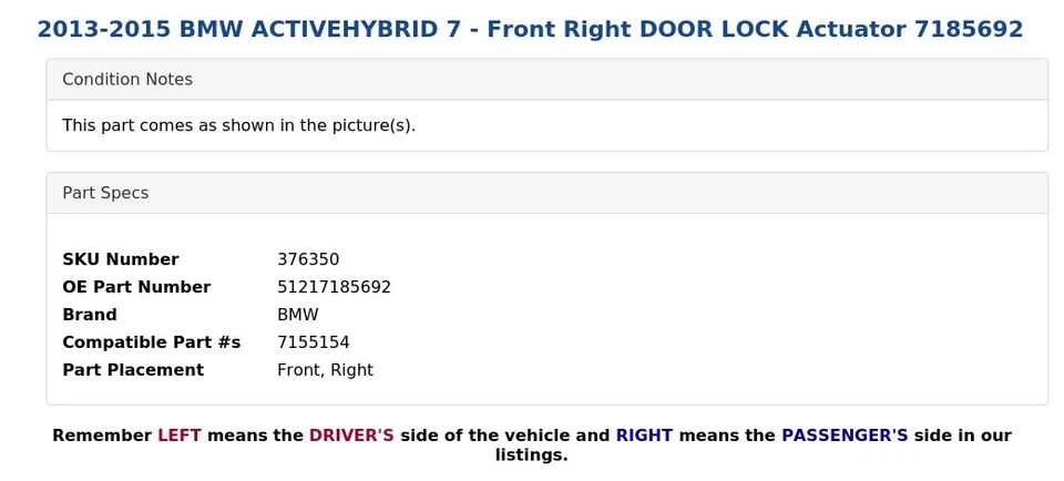 2013-2015 BMW ACTIVEHYBRID 7 — привод переднего правого замка двери 7185692 - Изображение 4 из 4